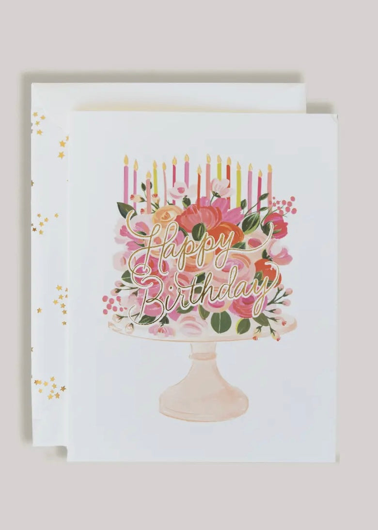 Happy Birthday Cake with Flowers Card
