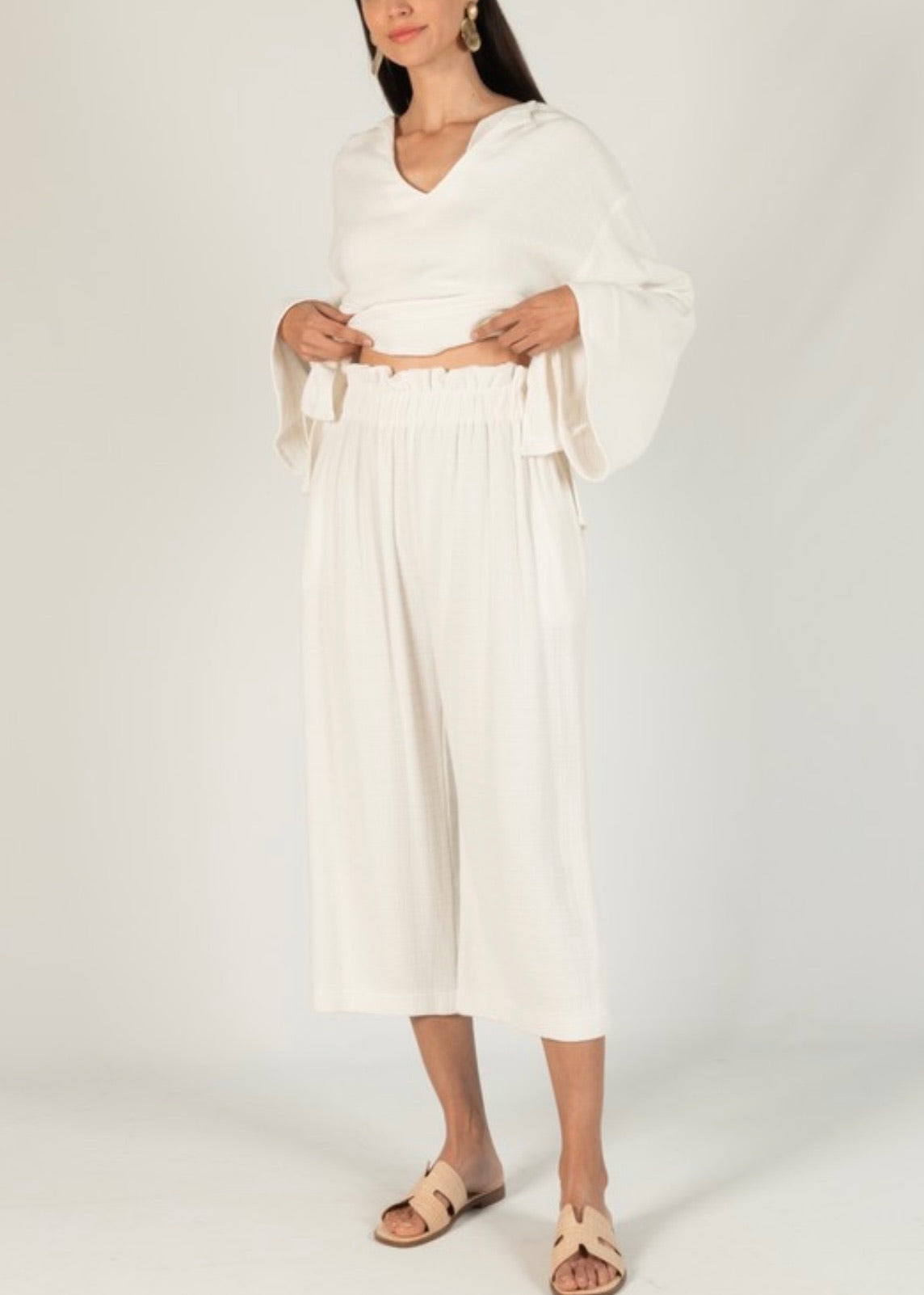Linen Culotte Elastic Waist Band Pants