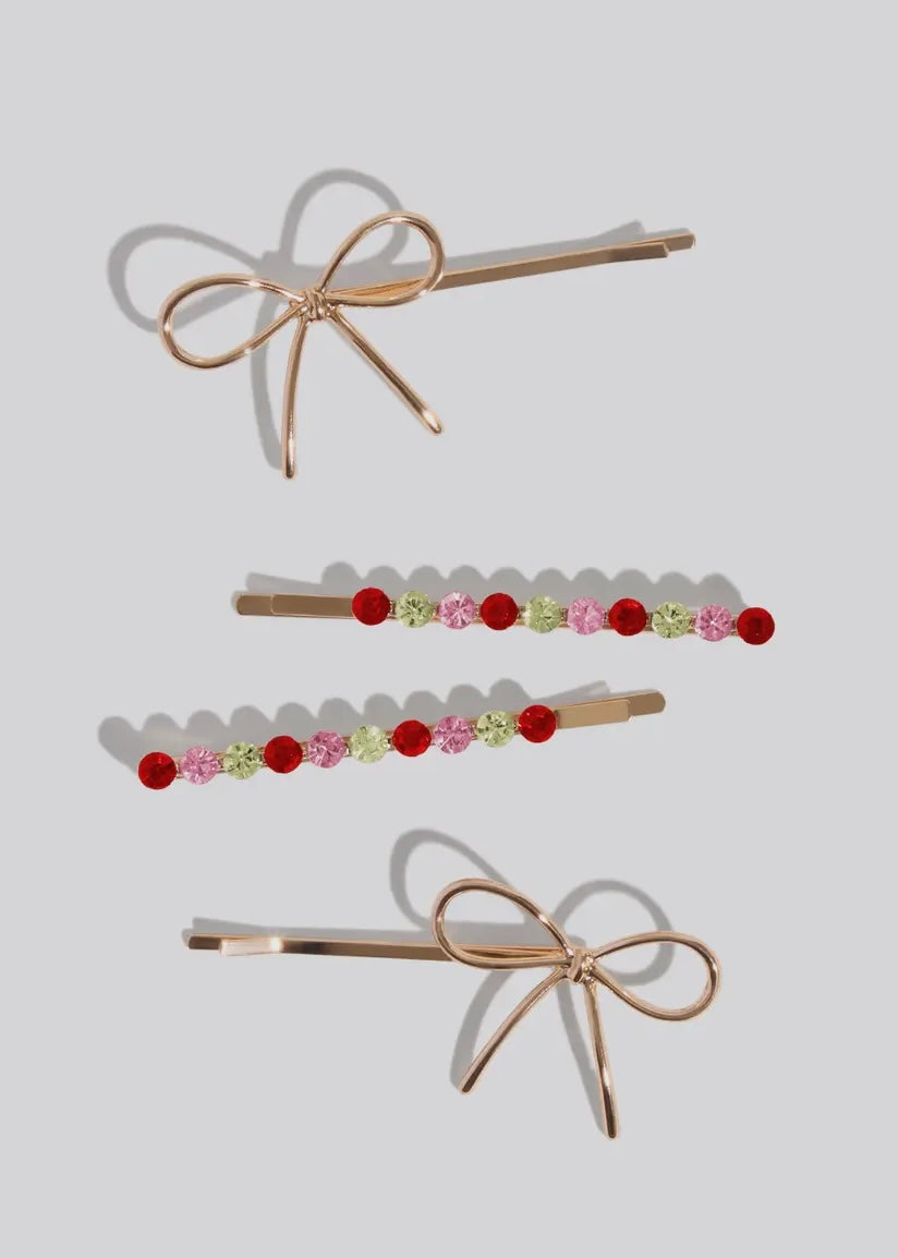 Holiday Gemstone and Bow Bobby Pins 4pc Set