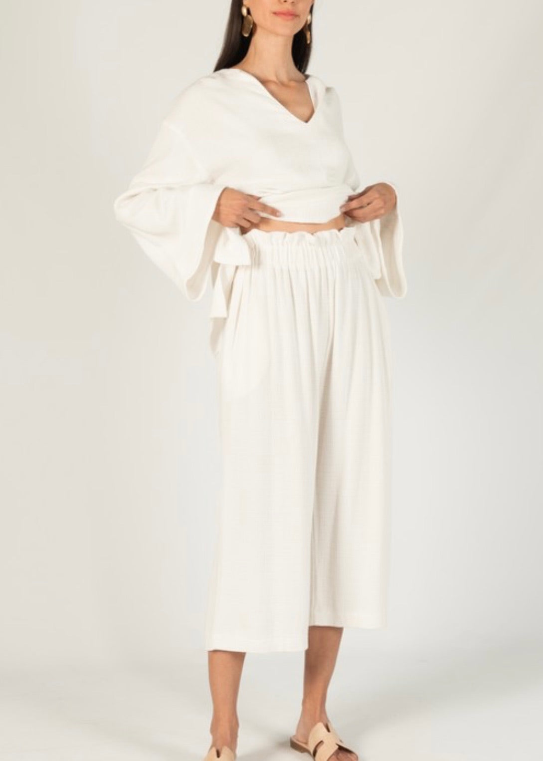 Linen Culotte Elastic Waist Band Pants