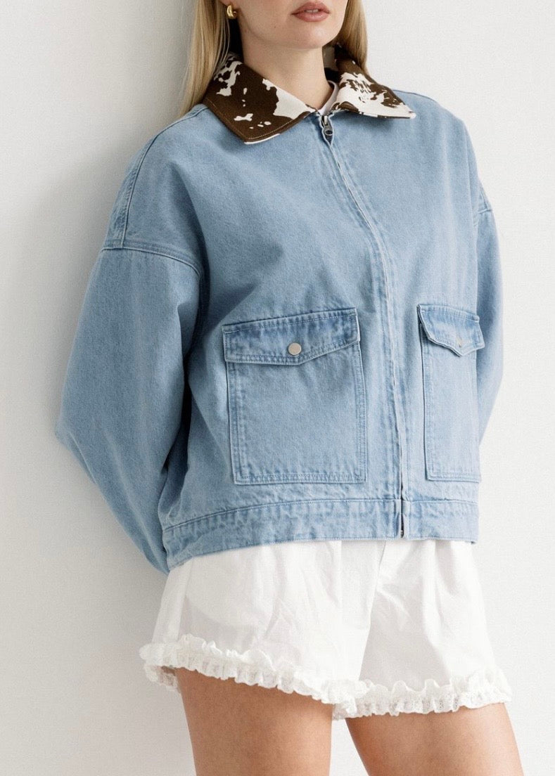 Boxy Denim Jacket Cow Collar