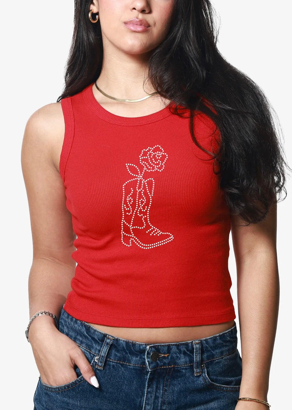 Boot and Rose Red Ribbed Crop Tank