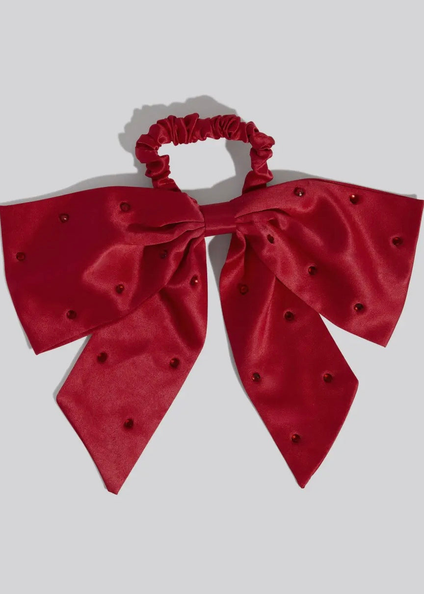 Holiday Satin & Rhinestone Bow Scrunchie