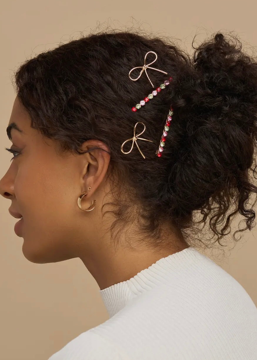 Holiday Gemstone and Bow Bobby Pins 4pc Set