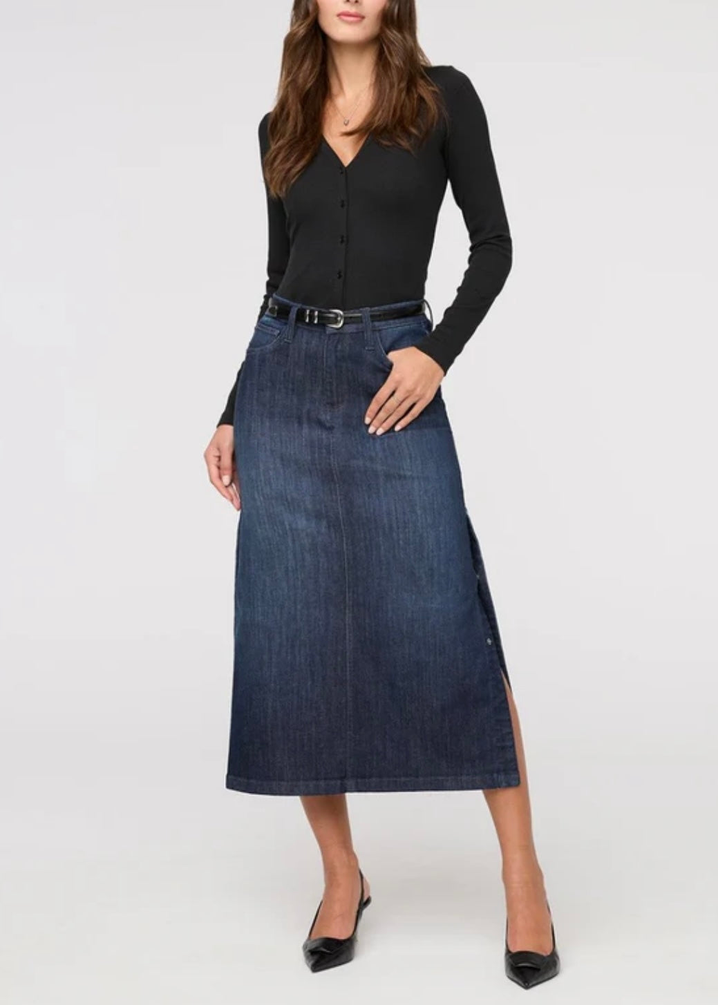 Performance Denim Slit Skirt - Dark Stone