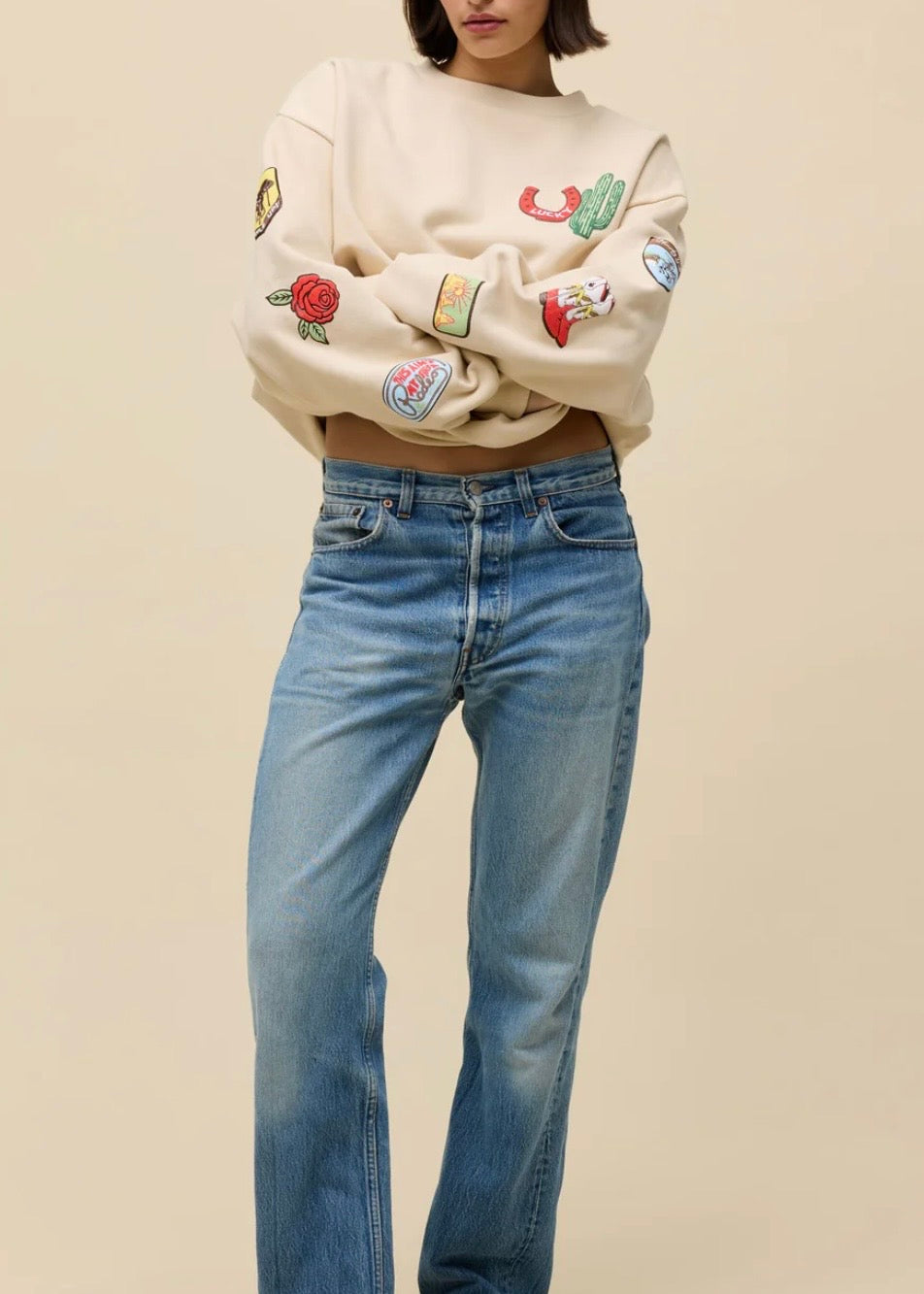 Western Patches Oversized Crew Sweatshirt