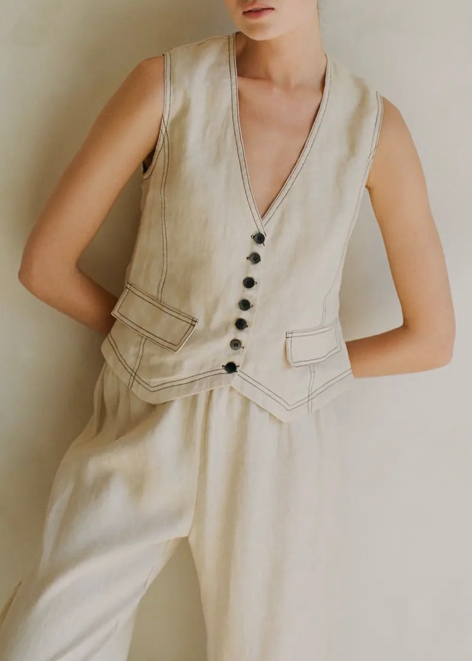 Linen Sleeveless V-Neck Button Down Vest