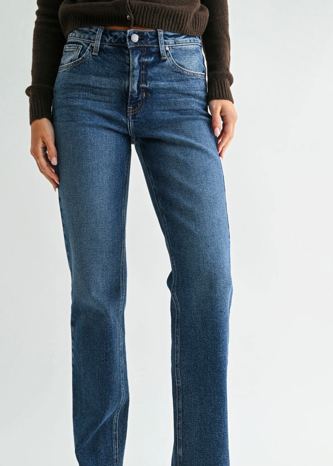 Mid Rise Stovepipe Straight Leg Dark Denim