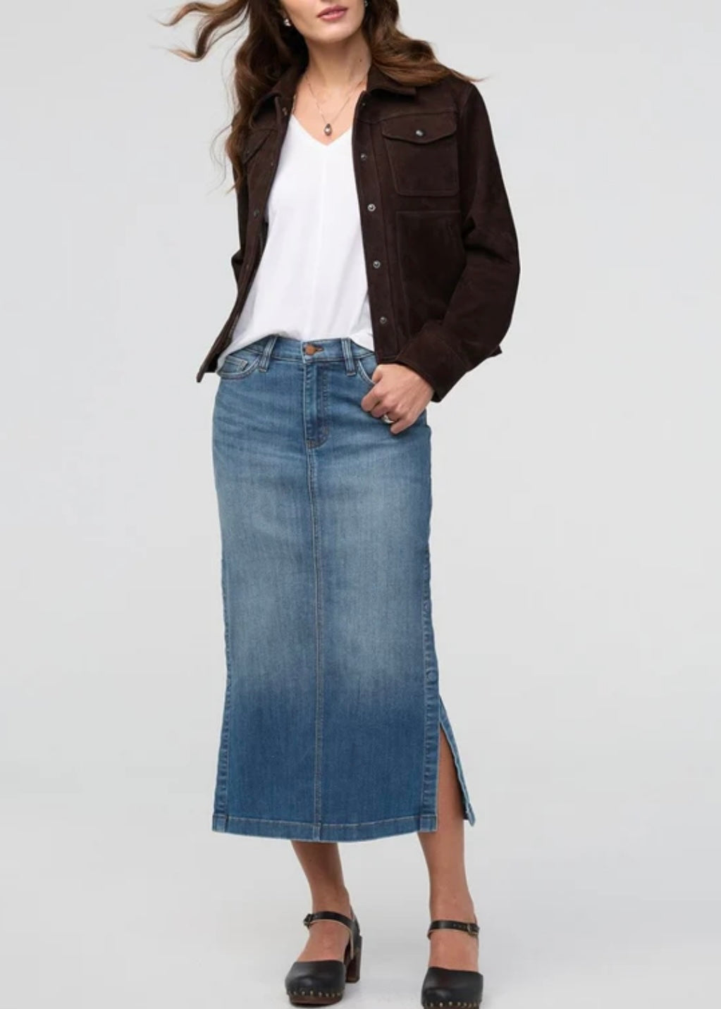 Performance Denim Slit Skirt - Blue Ash