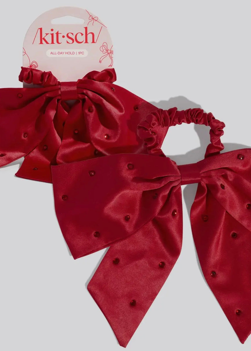Holiday Satin & Rhinestone Bow Scrunchie