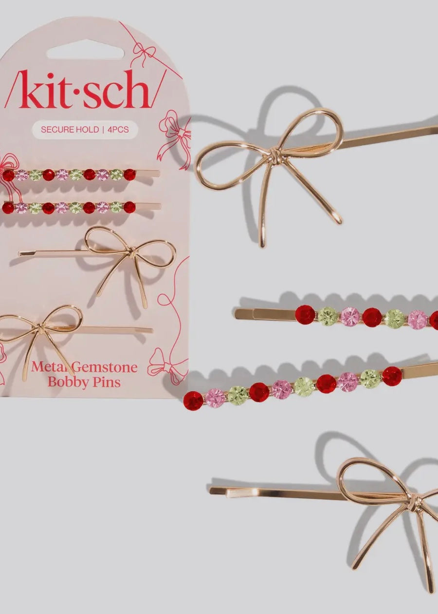 Holiday Gemstone and Bow Bobby Pins 4pc Set