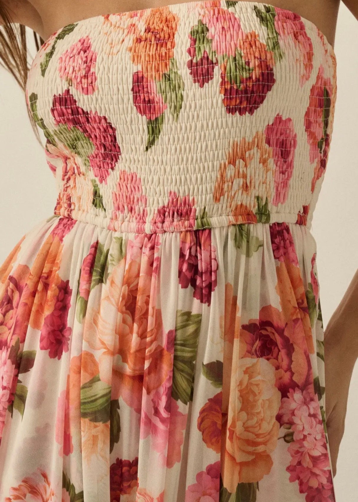 Floral-Print Mesh Smocked Dress