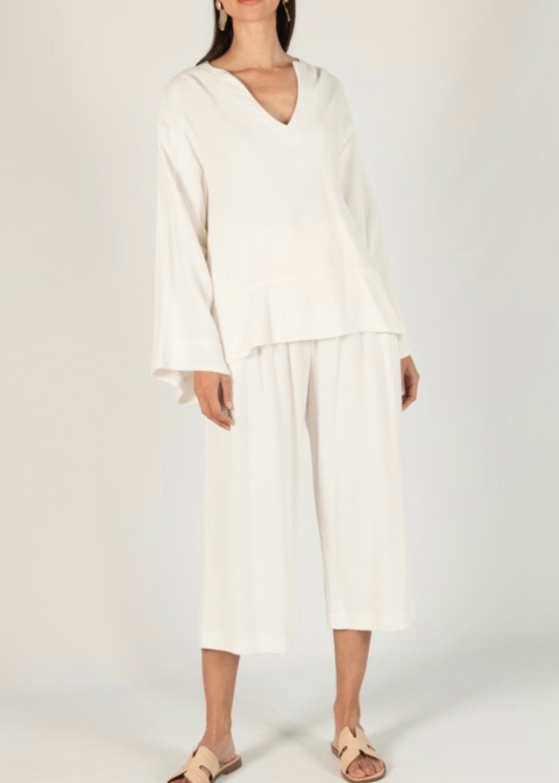 Linen Culotte Elastic Waist Band Pants