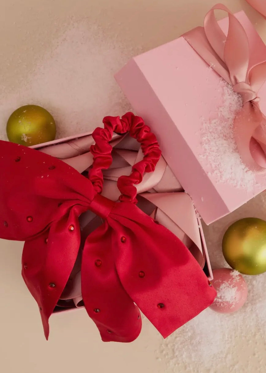 Holiday Satin & Rhinestone Bow Scrunchie