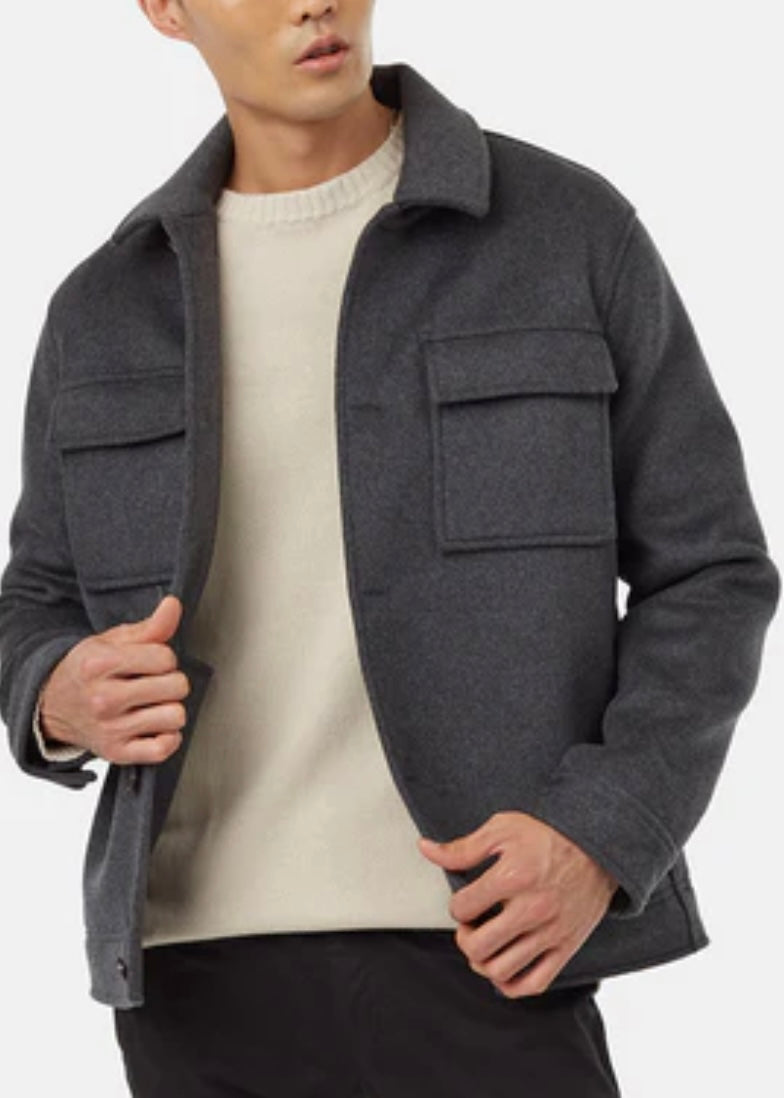Wool Button Down Shacket in Charcoal Grey
