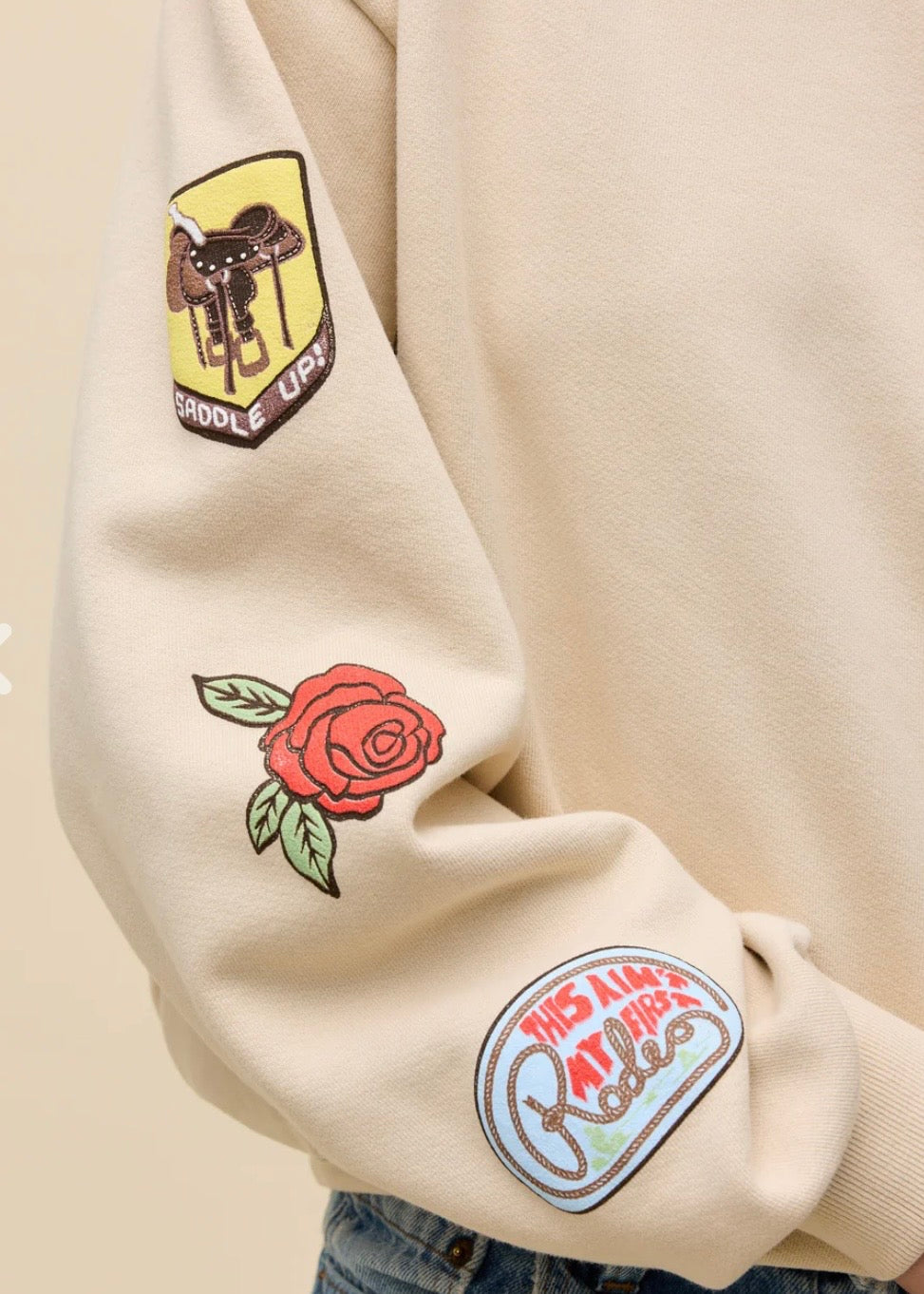 Western Patches Oversized Crew Sweatshirt