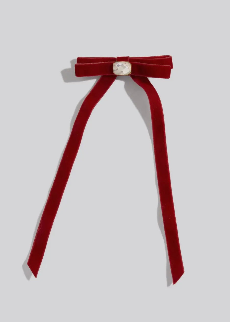 Holiday Velvet & Gemstone Bow Hair Clip