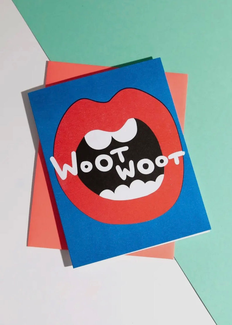 Risograph Card with "Woot Woot" Mouth Design
