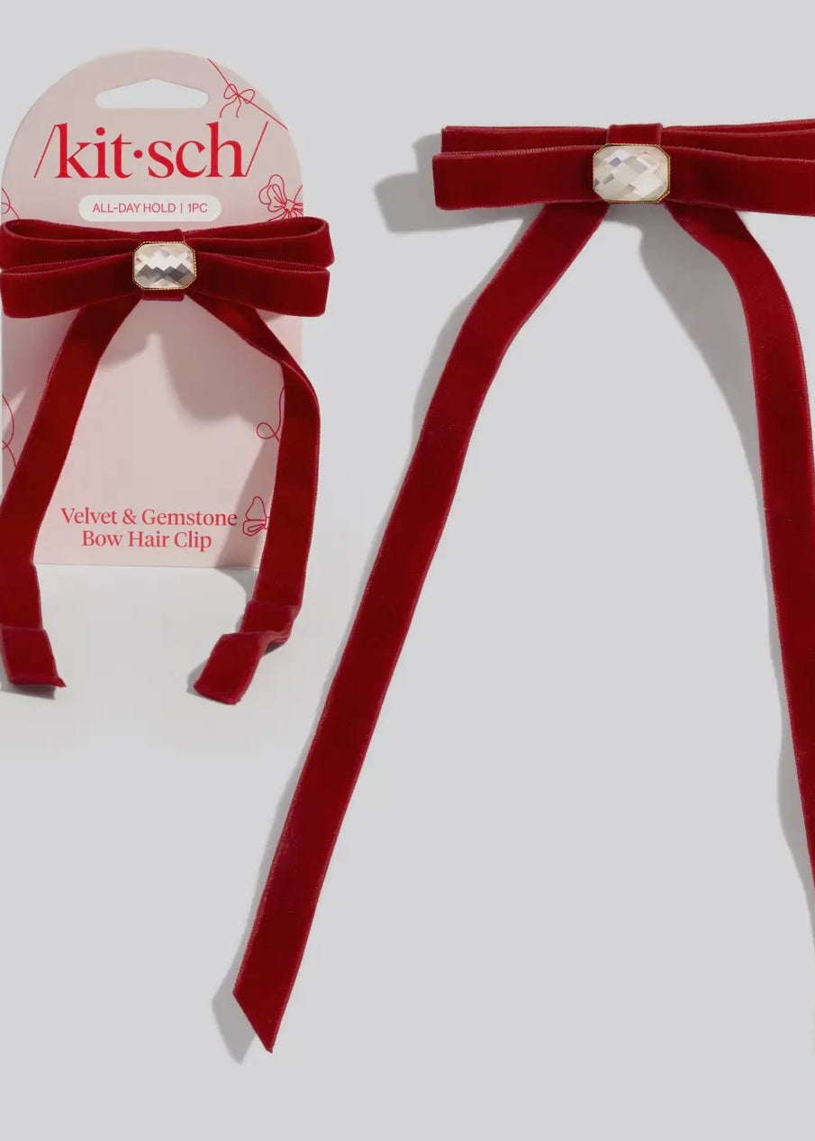 Holiday Velvet & Gemstone Bow Hair Clip