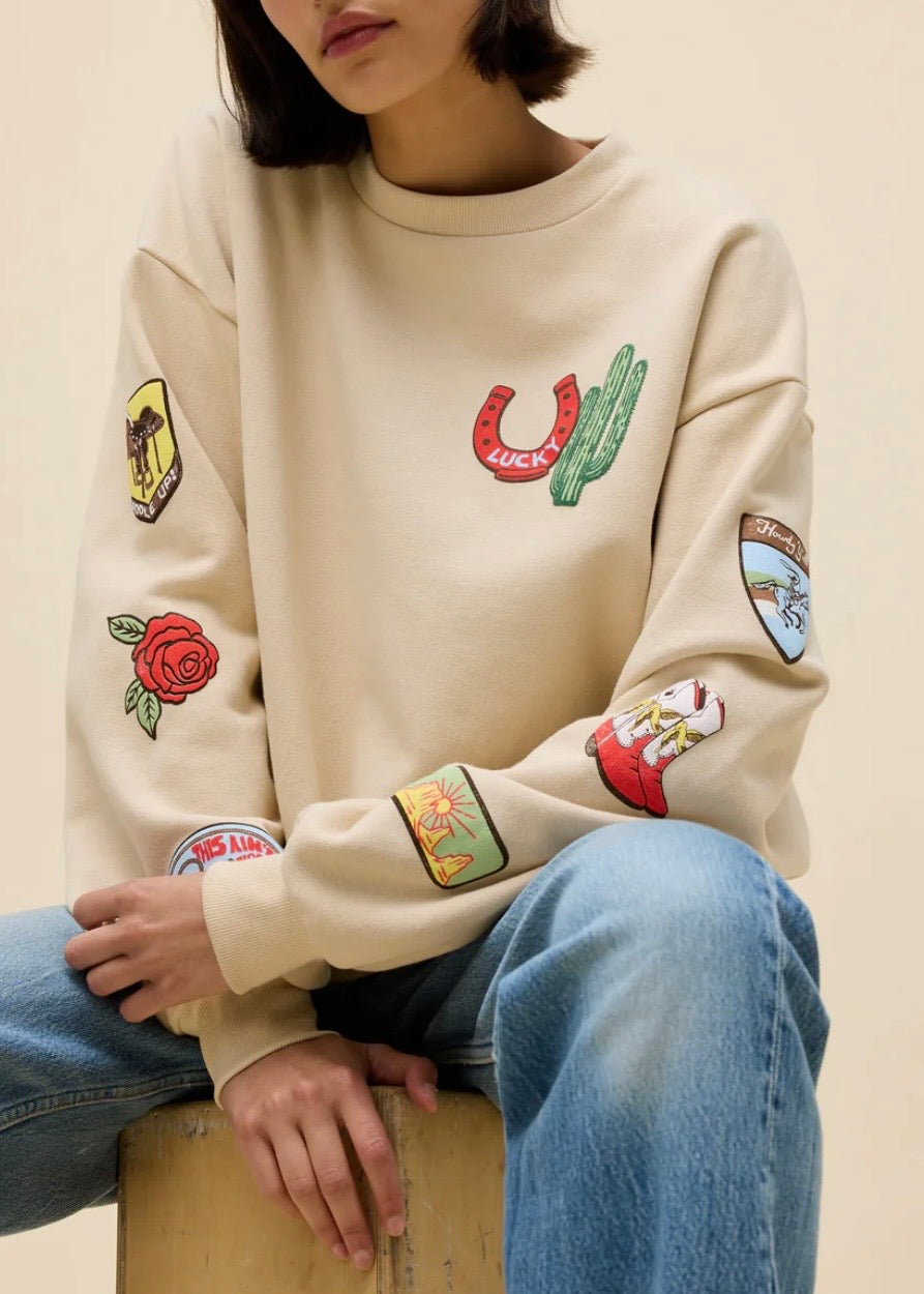 Western Patches Oversized Crew Sweatshirt