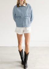 Boxy Denim Jacket Cow Collar