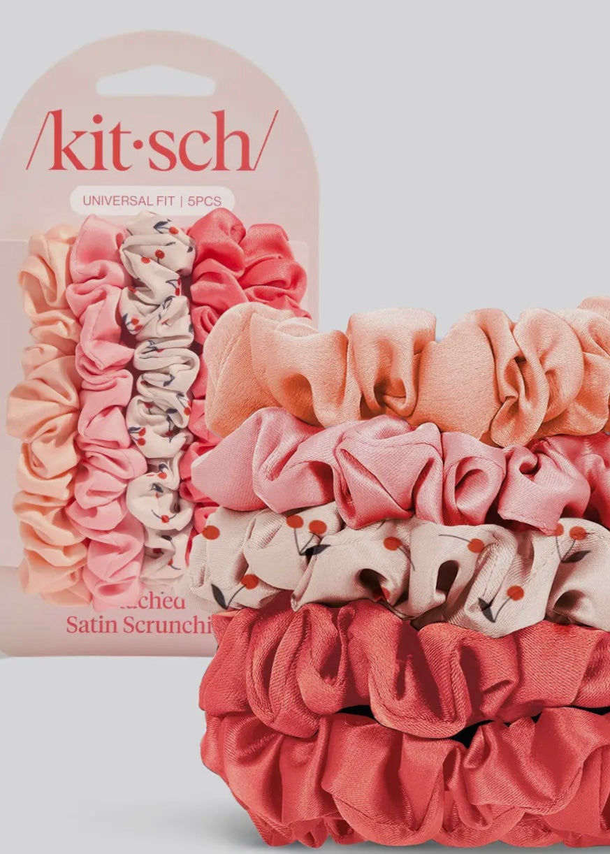 Ruched Satin Scrunchies 5pc Set - Assorted Cherry Blossom