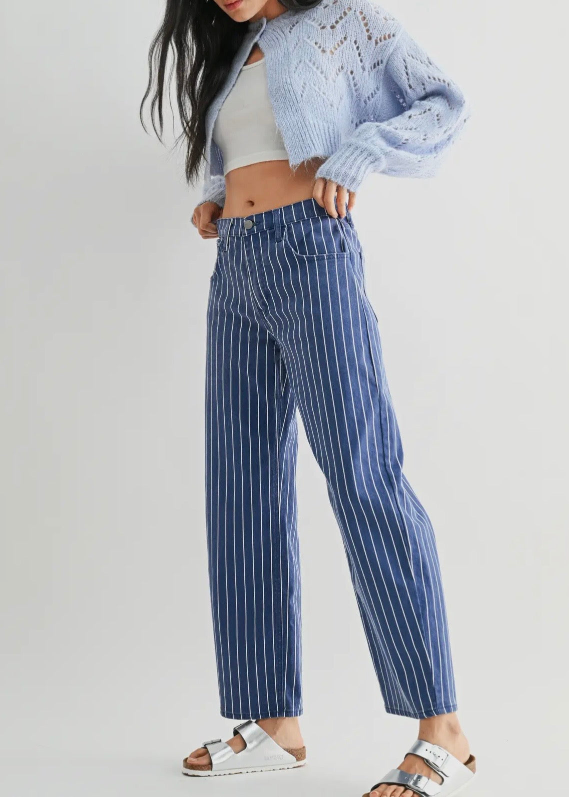 Navy Stripe Barrel Jean