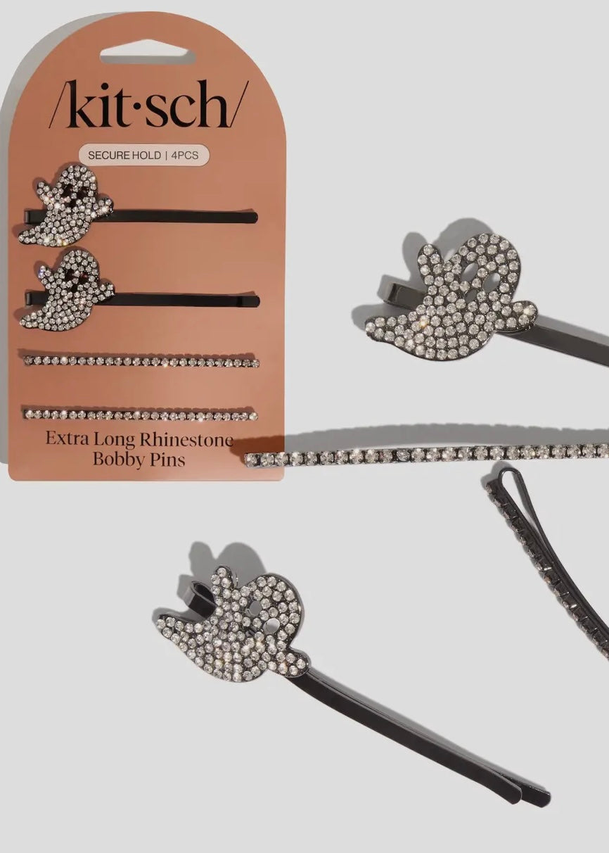 Extra Long Metal Rhinestone Bobby Pins 4pc Set - Ghost