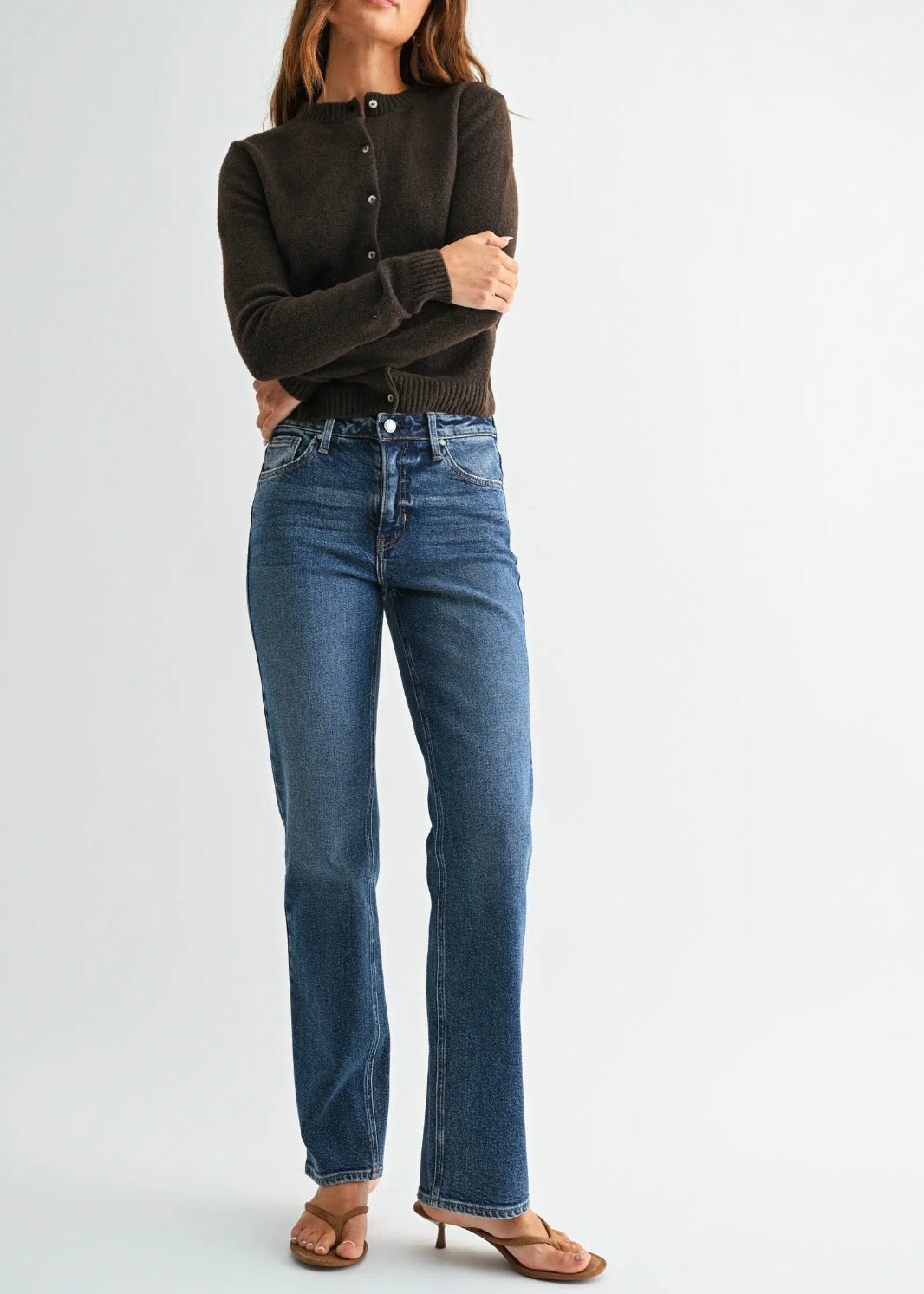 Mid Rise Stovepipe Straight Leg Dark Denim