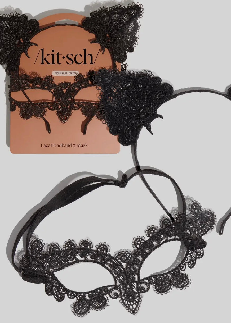 Lace Headband & Mask 2pc Set - Black Cat