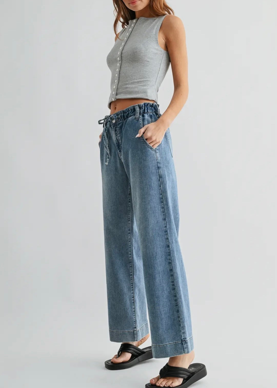 Pull On Drawstring Wide Leg Jean