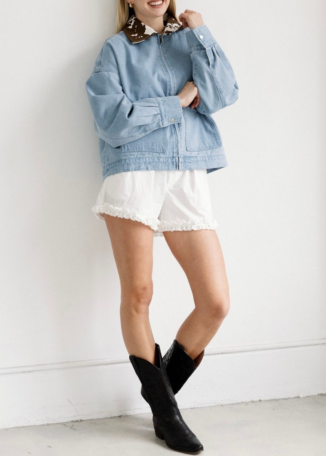 Boxy Denim Jacket Cow Collar