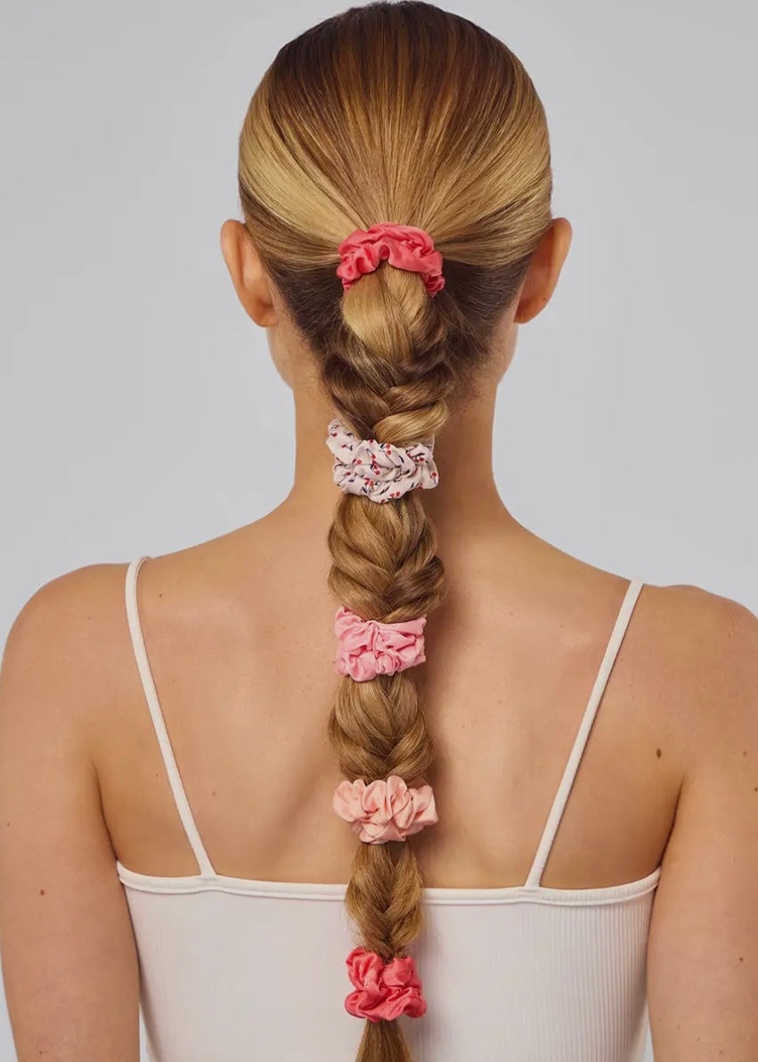 Ruched Satin Scrunchies 5pc Set - Assorted Cherry Blossom