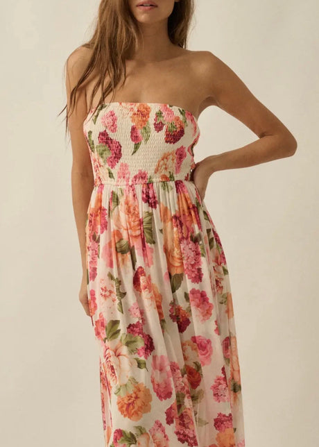 Floral-Print Mesh Smocked Dress