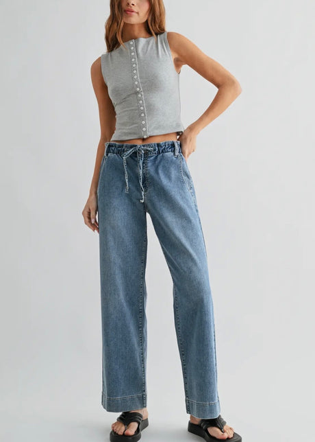 Pull On Drawstring Wide Leg Jean
