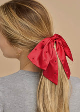 Holiday Satin & Rhinestone Bow Scrunchie
