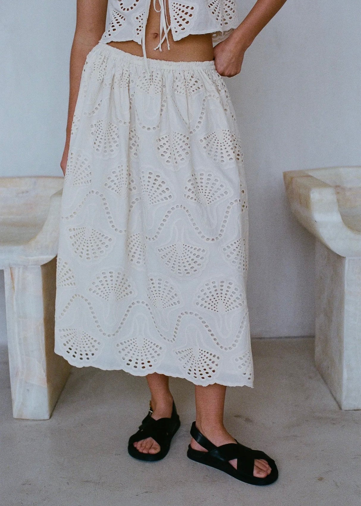 Embroidered Detail Midi Flare Skirt