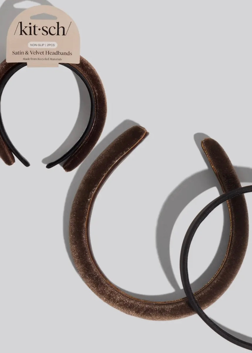 Recycled Fabric Satin & Velvet Headbands 2pc Set-Black/Choco