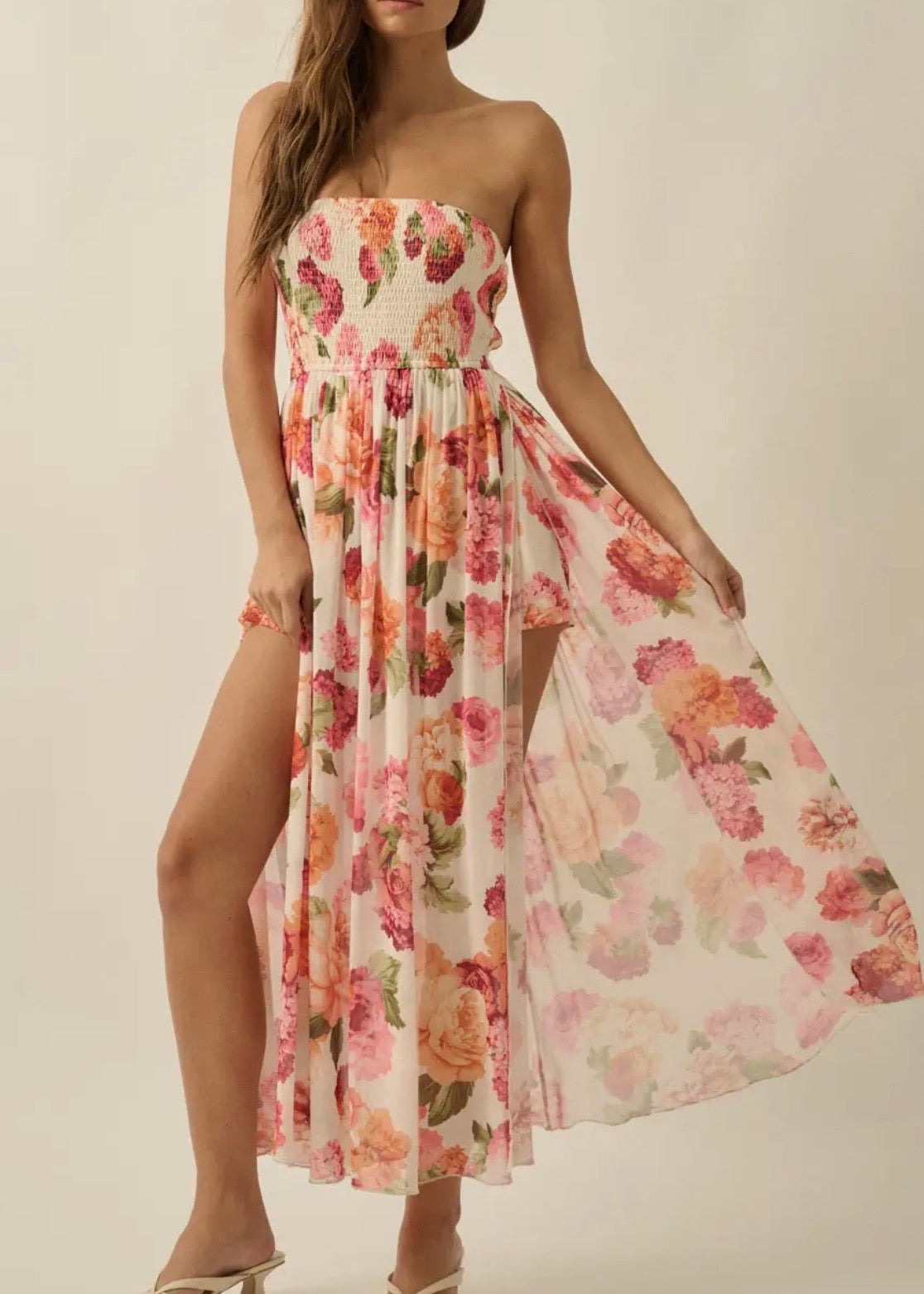 Floral-Print Mesh Smocked Dress