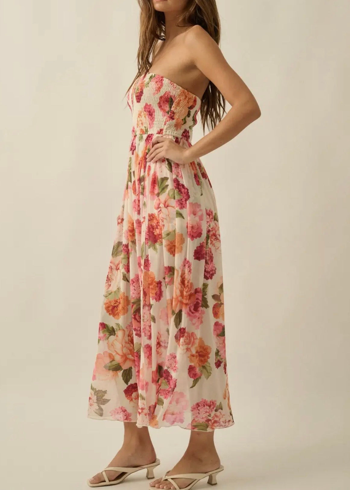 Floral-Print Mesh Smocked Dress