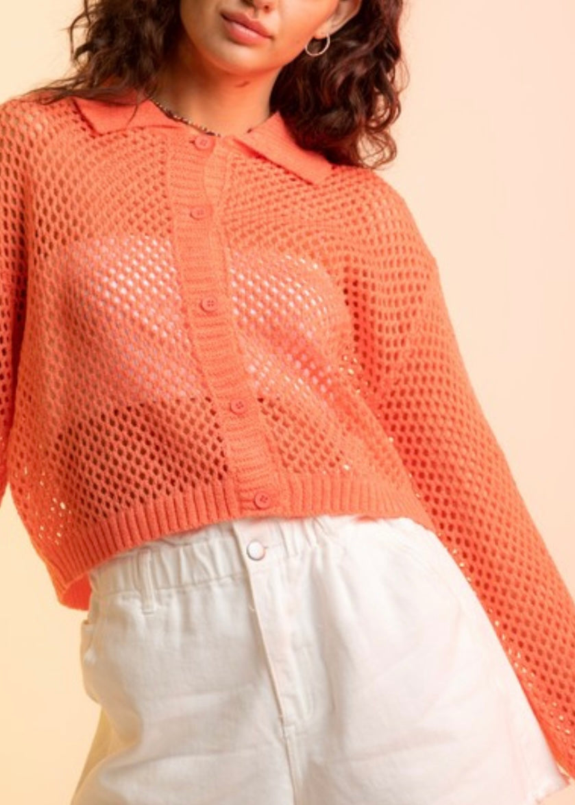 IMPERFECT From Palmer Virgo Open Knit Cardigan in Coral